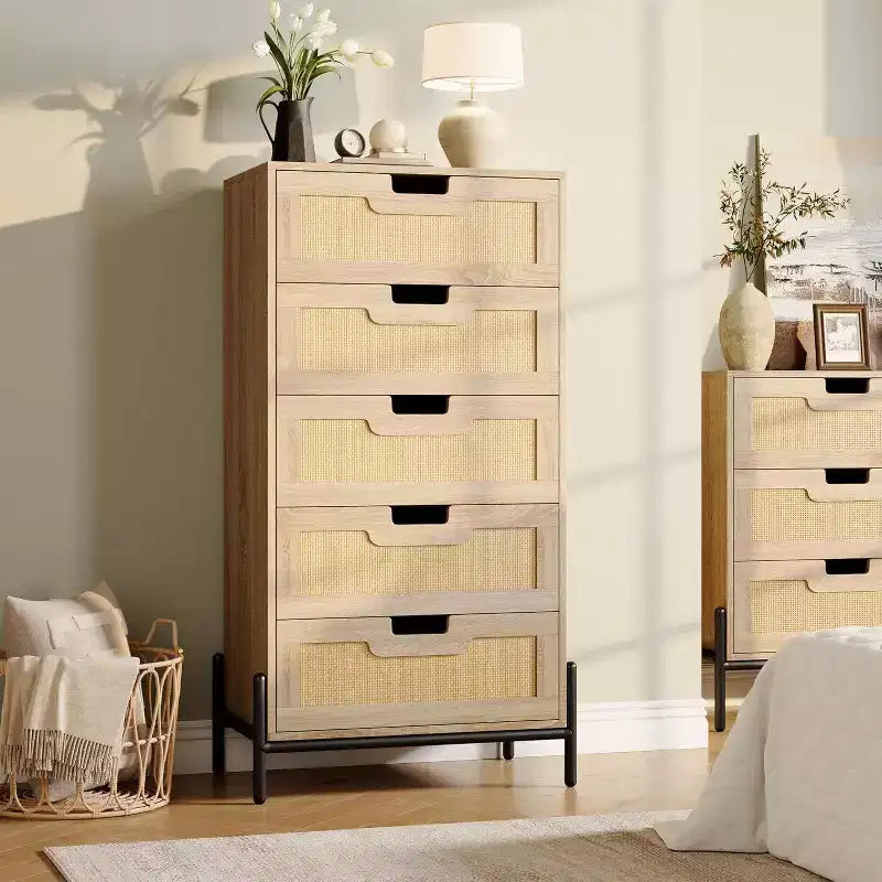 Acekool Rattan 5 Drawer Dresser, Farmhouse Chest with Metal Legs, Modern Storage Cabinet for Bedroom, Living Room, Entryway