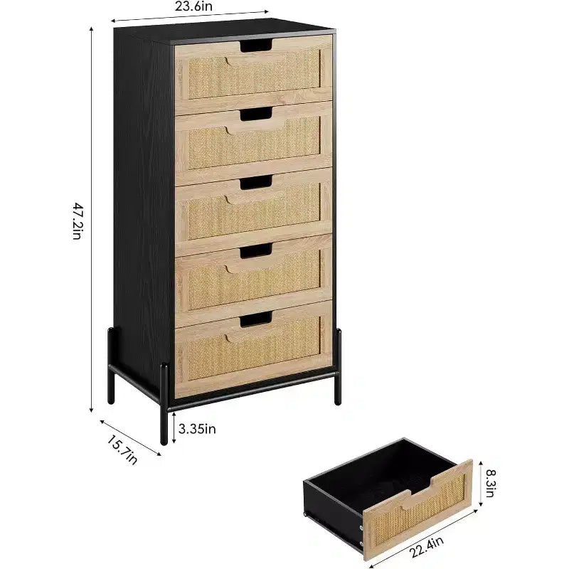 Acekool Rattan 5 Drawer Dresser, Farmhouse Chest with Metal Legs, Modern Storage Cabinet for Bedroom, Living Room, Entryway