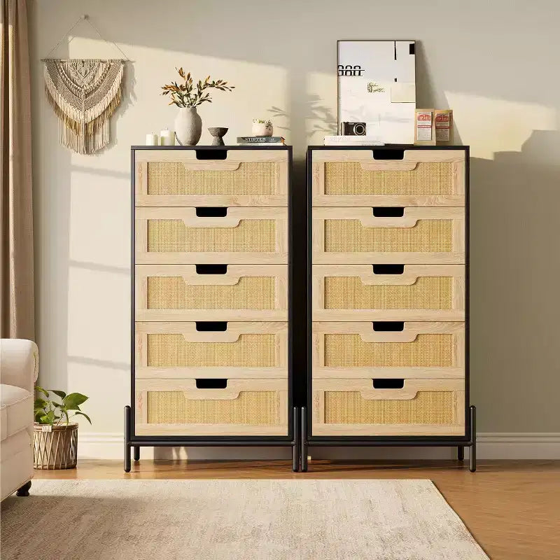 Acekool Rattan 5 Drawer Dresser, Farmhouse Chest with Metal Legs, Modern Storage Cabinet for Bedroom, Living Room, Entryway