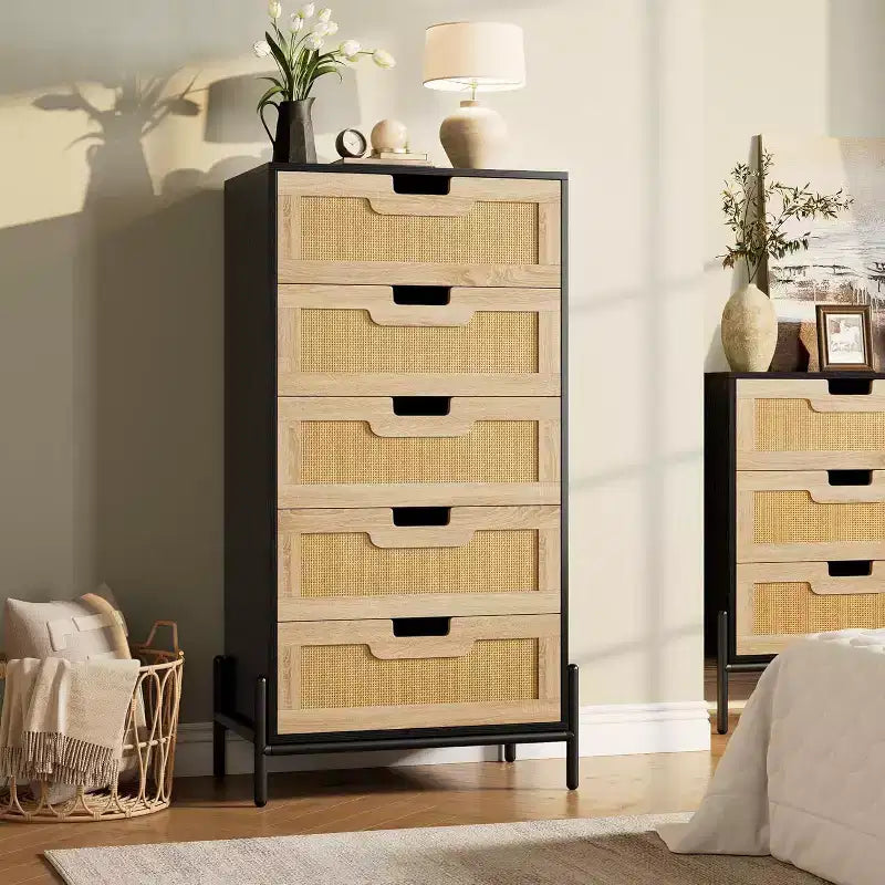 Acekool Rattan 5 Drawer Dresser, Farmhouse Chest with Metal Legs, Modern Storage Cabinet for Bedroom, Living Room, Entryway