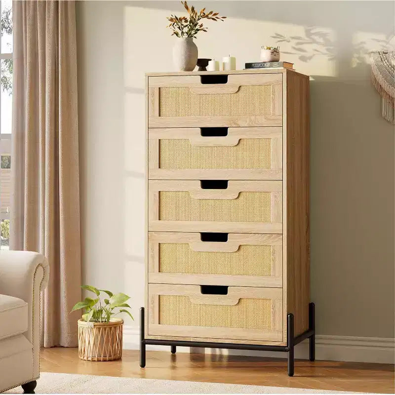 Acekool Rattan 5 Drawer Dresser, Farmhouse Chest with Metal Legs, Modern Storage Cabinet for Bedroom, Living Room, Entryway