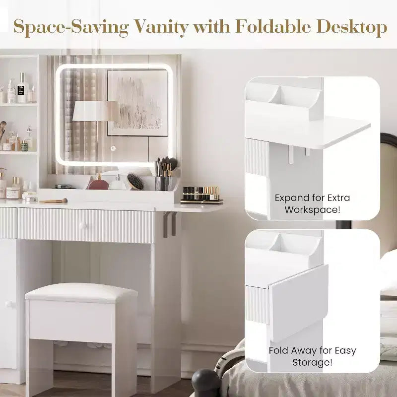 Acekool Vanity Desk with Mirror, Drawers, Cabinet, Power Access & Storage Stool, Expandable Makeup Table for Bedroom