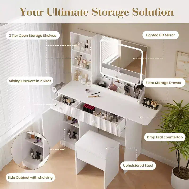 Acekool Vanity Desk with Mirror, Drawers, Cabinet, Power Access & Storage Stool, Expandable Makeup Table for Bedroom