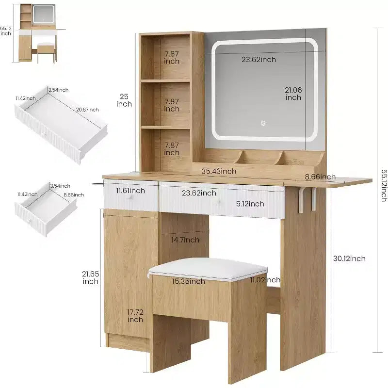 Acekool Vanity Desk with Mirror, Drawers, Cabinet, Power Access & Storage Stool, Expandable Makeup Table for Bedroom