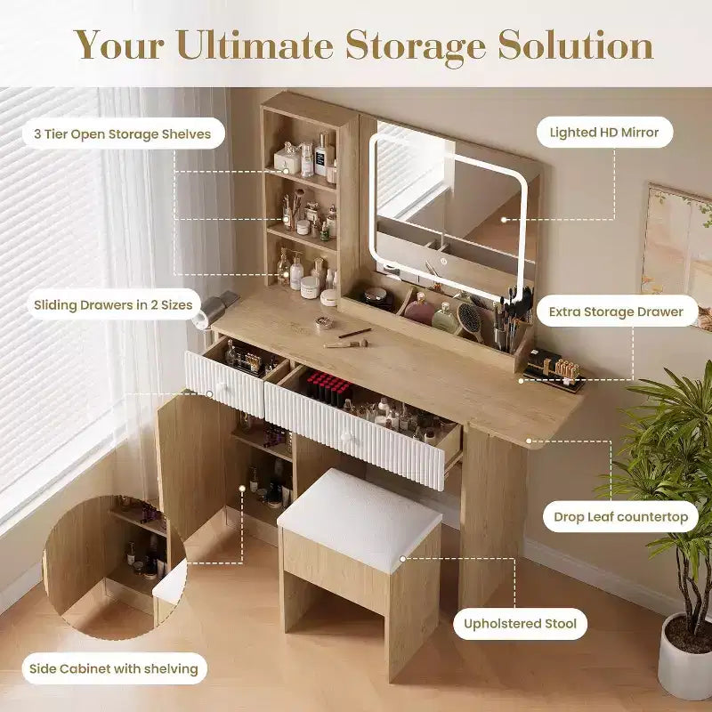 Acekool Vanity Desk with Mirror, Drawers, Cabinet, Power Access & Storage Stool, Expandable Makeup Table for Bedroom