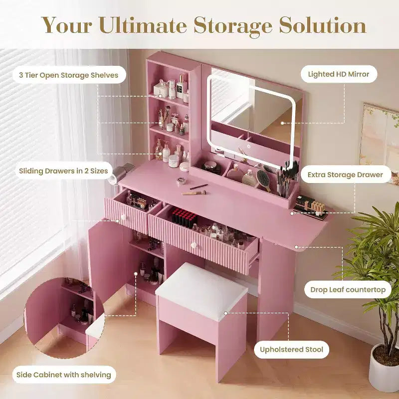Acekool Vanity Desk with Mirror, Drawers, Cabinet, Power Access & Storage Stool, Expandable Makeup Table for Bedroom