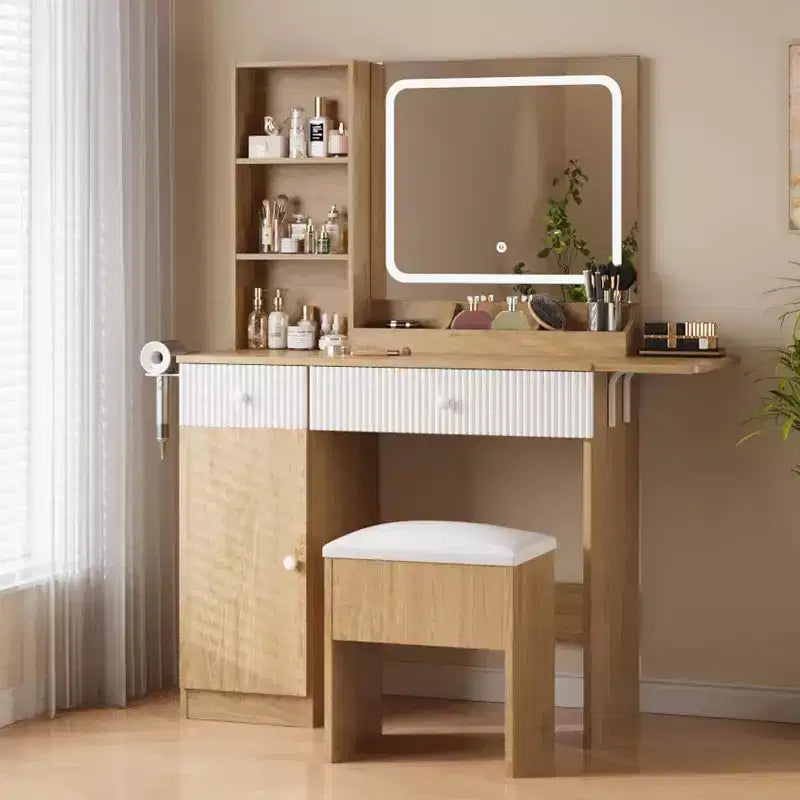 Acekool Vanity Desk with Mirror, Drawers, Cabinet, Power Access & Storage Stool, Expandable Makeup Table for Bedroom