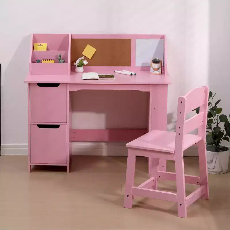 Kids Study Desk and Chair Set, Wooden School Learning Table with Storage, Hutch and Bulletin Board, Children Computer Desk with Chair