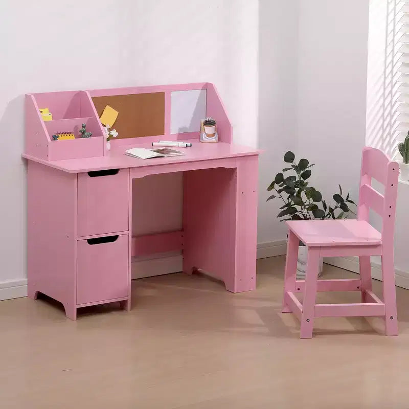 Kids Study Desk and Chair Set, Wooden School Learning Table with Storage, Hutch and Bulletin Board, Children Computer Desk with Chair