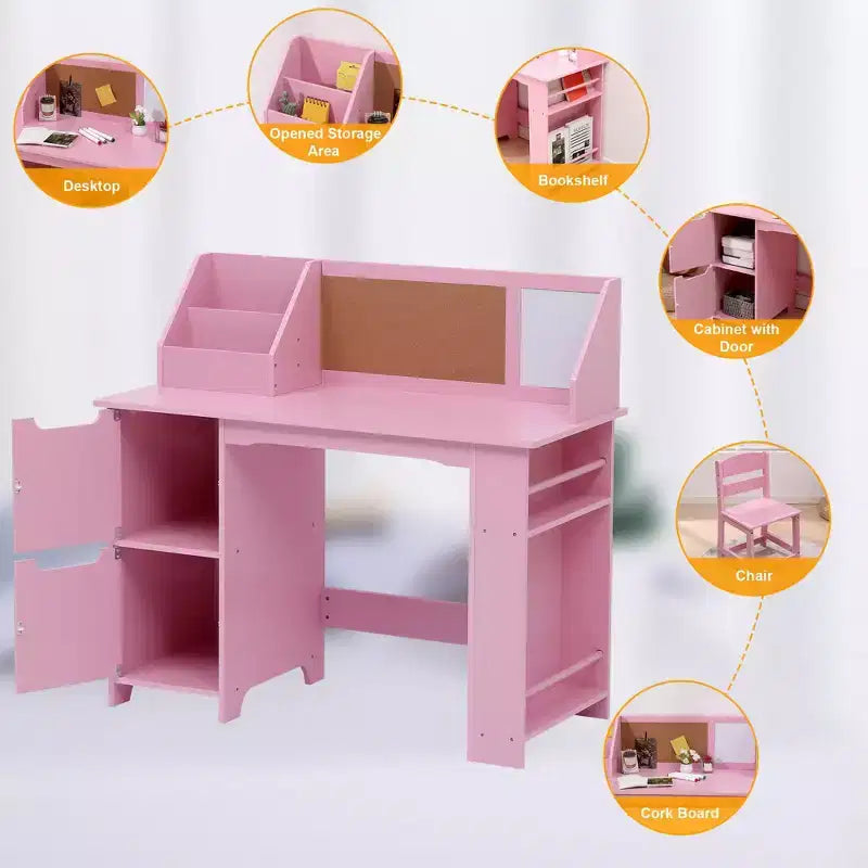 Kids Study Desk and Chair Set, Wooden School Learning Table with Storage, Hutch and Bulletin Board, Children Computer Desk with Chair