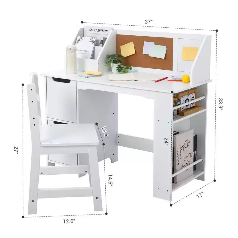 Kids Study Desk and Chair Set, Wooden School Learning Table with Storage, Hutch and Bulletin Board, Children Computer Desk with Chair