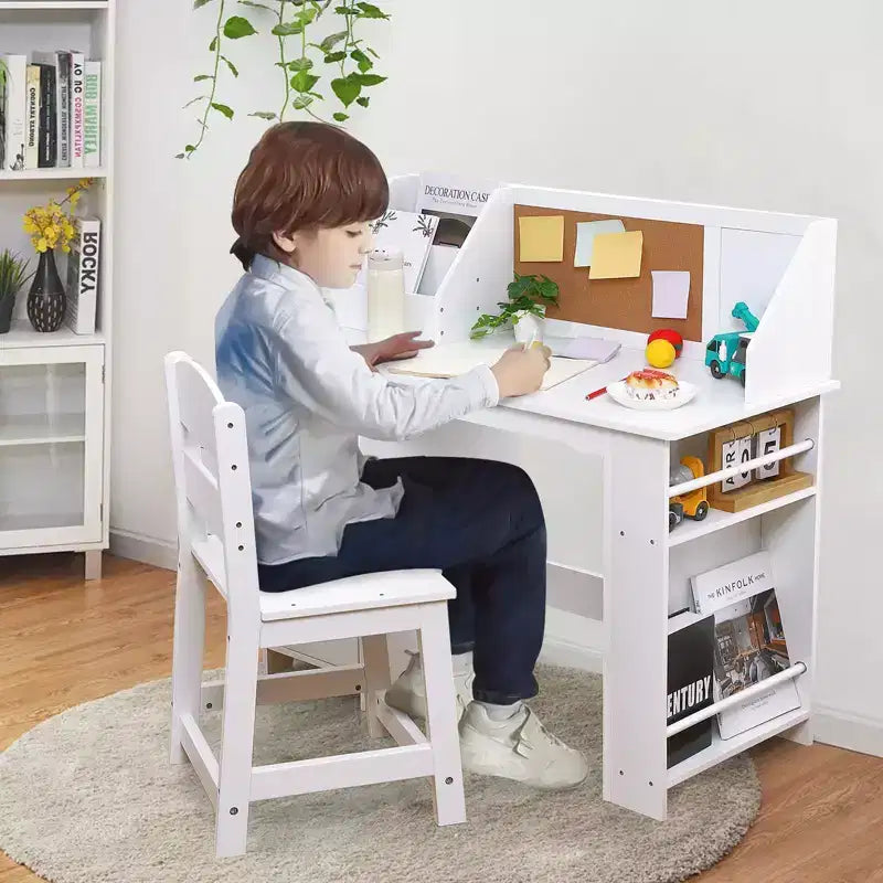 Kids Study Desk and Chair Set, Wooden School Learning Table with Storage, Hutch and Bulletin Board, Children Computer Desk with Chair