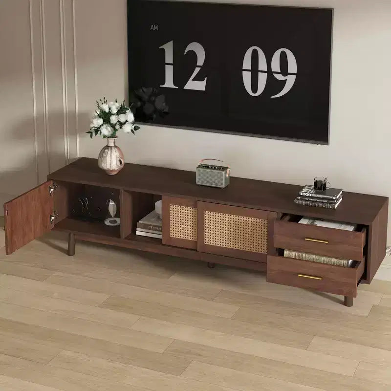 MAYEERTY Mid Century Modern TV Stand for 80 TVs, Entertainment Center with Sliding Doors and Drawers for Living Room