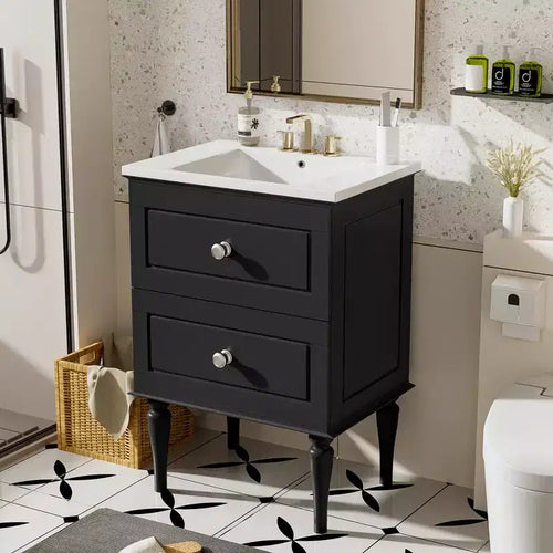 24 Small Bathroom Vanity with Sink, Bathroom Storage Cabinet with Drawers, Black