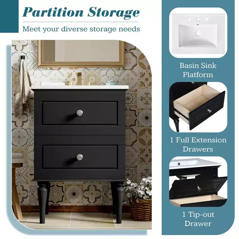 24 Small Bathroom Vanity with Sink, Bathroom Storage Cabinet with Drawers, Black