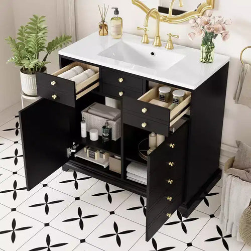 36 Bathroom Vanity with Sink, Bathroom Storage Cabinet with Drawers, Single Sink Bathroom Vanity with Soft Closing Doors