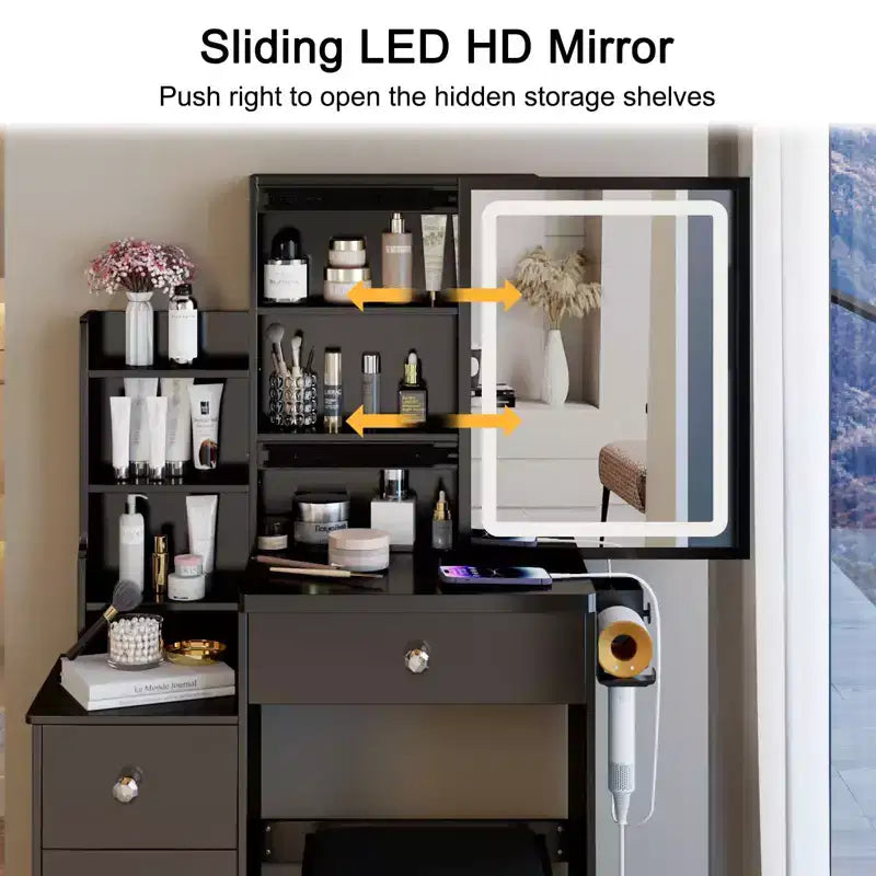 Small Vanity Desk with Mirror and Lights, Makeup Vanity Desk Drawers and Shelves, 3 Lighting Mode Adjustable Lighting, Dressing Table