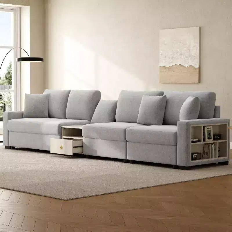 Christopher Knight Home Dirae 132.5'' Modern 4-Seater Chenille Upholstered Sectional Sofa with Console, Storage Armrest and Pillows