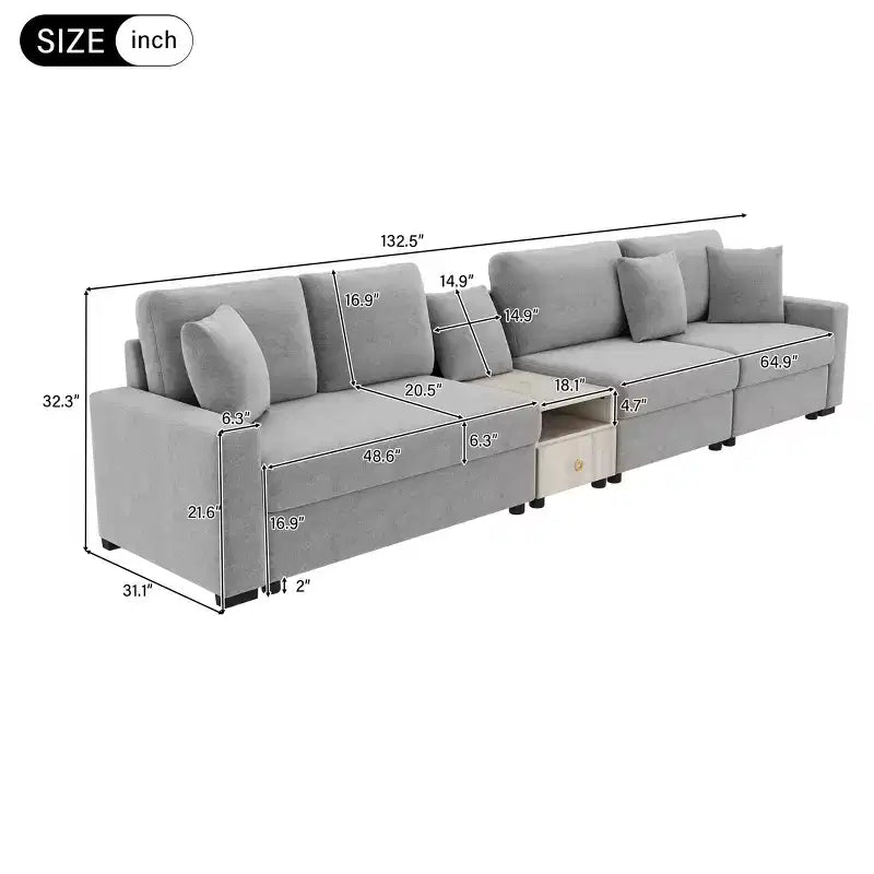 Christopher Knight Home Dirae 132.5'' Modern 4-Seater Chenille Upholstered Sectional Sofa with Console, Storage Armrest and Pillows