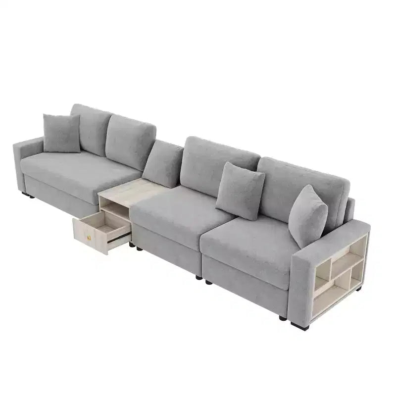 Christopher Knight Home Dirae 132.5'' Modern 4-Seater Chenille Upholstered Sectional Sofa with Console, Storage Armrest and Pillows