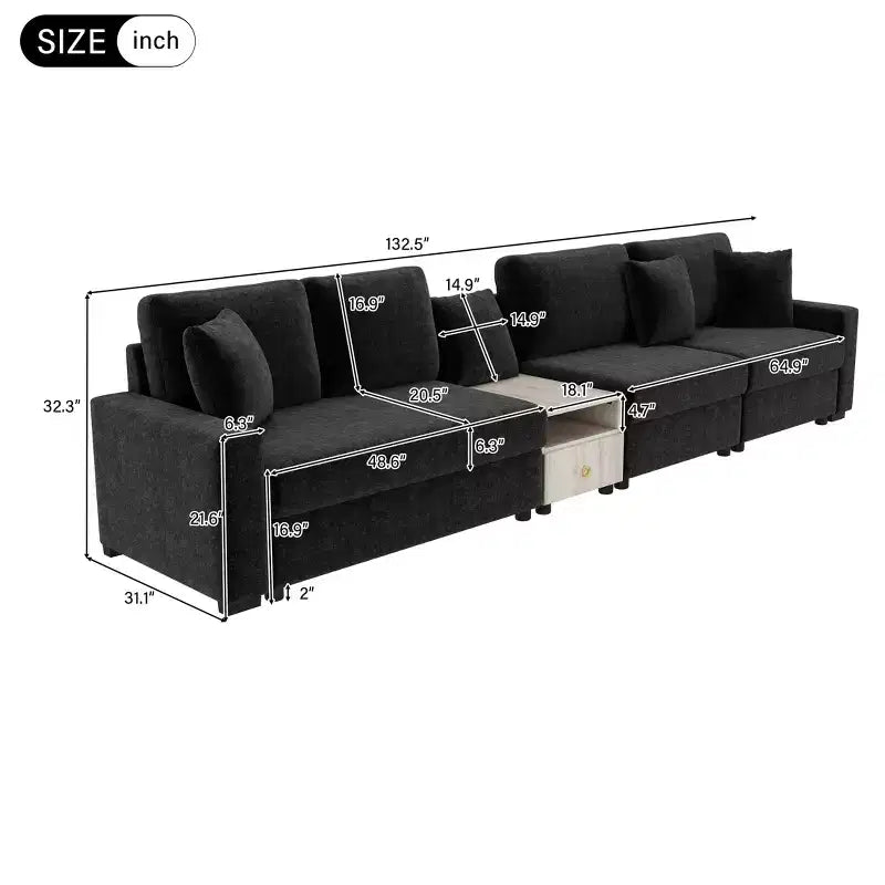 Christopher Knight Home Dirae 132.5'' Modern 4-Seater Chenille Upholstered Sectional Sofa with Console, Storage Armrest and Pillows