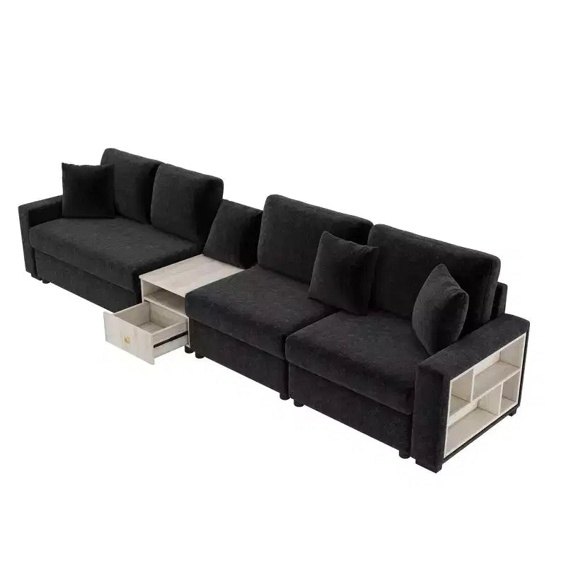 Christopher Knight Home Dirae 132.5'' Modern 4-Seater Chenille Upholstered Sectional Sofa with Console, Storage Armrest and Pillows