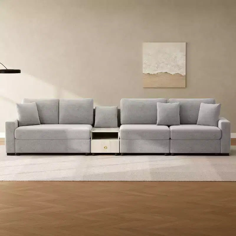Christopher Knight Home Dirae 132.5'' Modern 4-Seater Chenille Upholstered Sectional Sofa with Console, Storage Armrest and Pillows