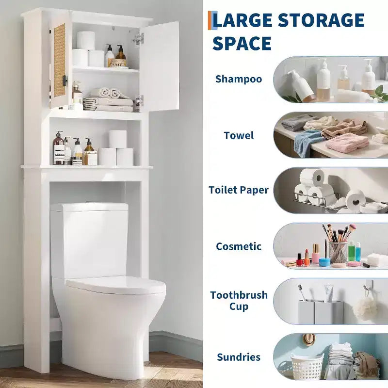 Farmhouse White Over Toilet Storage Cabinet with Natural Rattan Doors, Adjustable Shelf, Versatile Bathroom Organizer