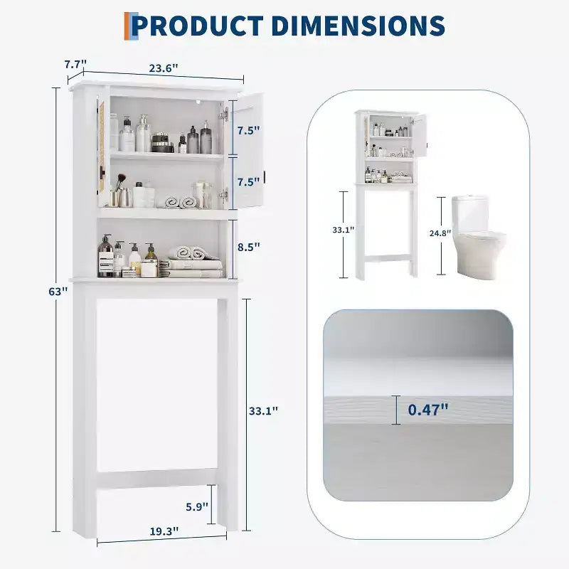 Farmhouse White Over Toilet Storage Cabinet with Natural Rattan Doors, Adjustable Shelf, Versatile Bathroom Organizer