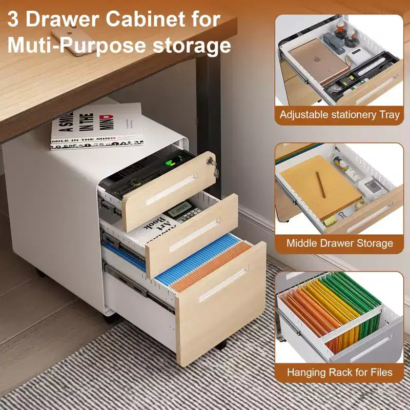 3 Drawer File Cabinet with Lock, Mobile Metal Vertical Filing Cabinet, Under Desk Storage Cabinet with Wheels, Fit Letter/A4/Legal Size File