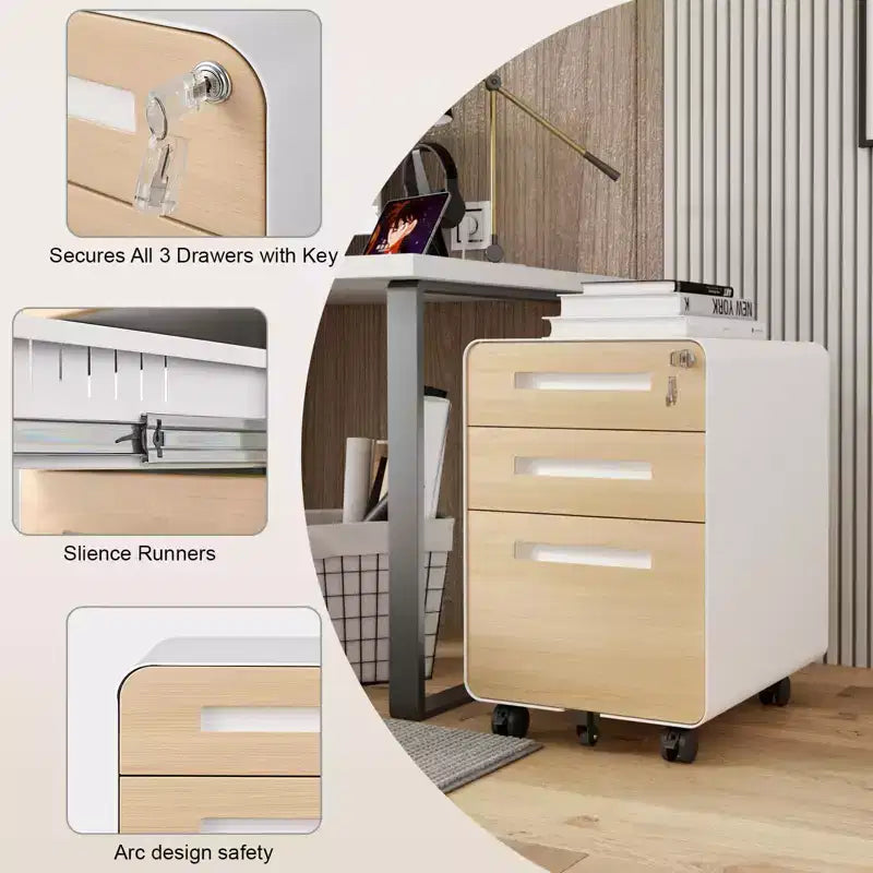 3 Drawer File Cabinet with Lock, Mobile Metal Vertical Filing Cabinet, Under Desk Storage Cabinet with Wheels, Fit Letter/A4/Legal Size File
