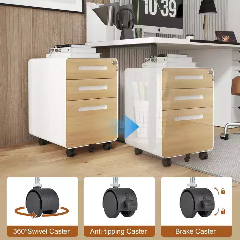 3 Drawer File Cabinet with Lock, Mobile Metal Vertical Filing Cabinet, Under Desk Storage Cabinet with Wheels, Fit Letter/A4/Legal Size File