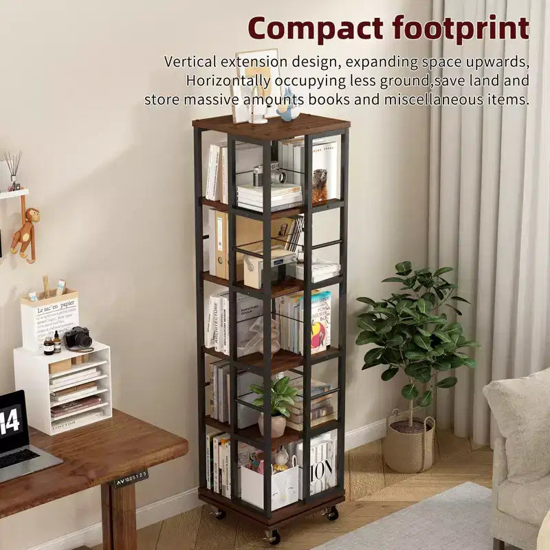 GDFStudio Jelor 66.14H Modern 5-Tier 360 Rotating Narrow Bookshelf