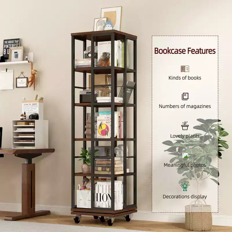 GDFStudio Jelor 66.14H Modern 5-Tier 360 Rotating Narrow Bookshelf