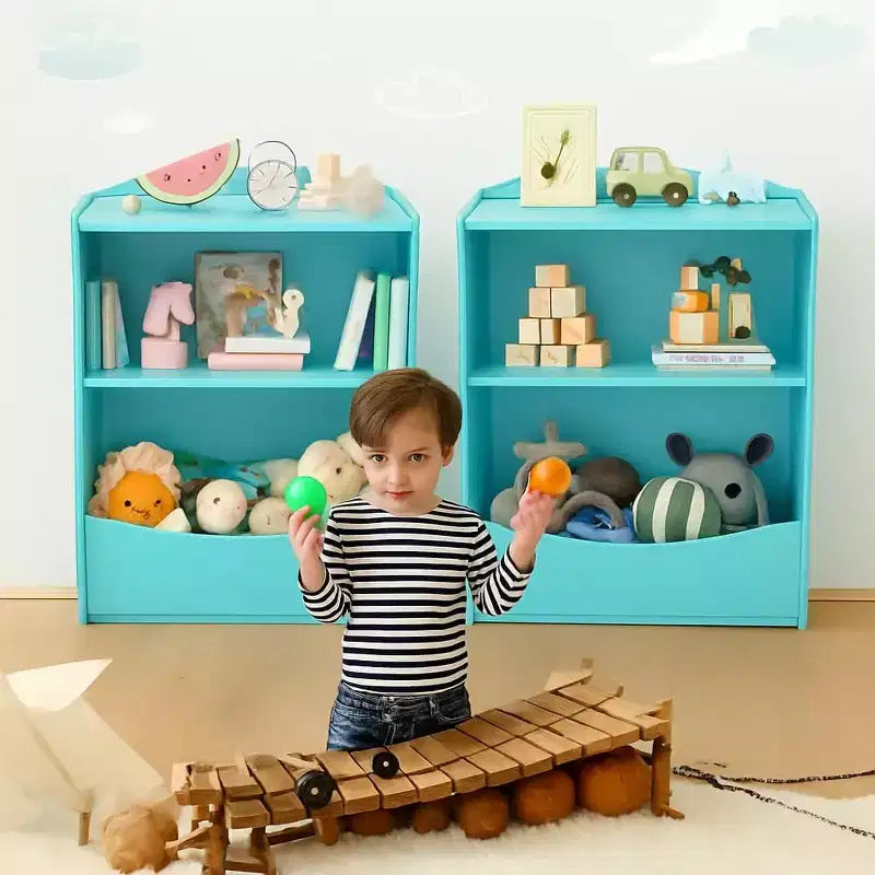 2 Tier Toy Storage Organizer for Kids,Wood Kids Bookshelf and Toy Organizer,Book Display Shelf for Kids Rooms Playroom, Nursery