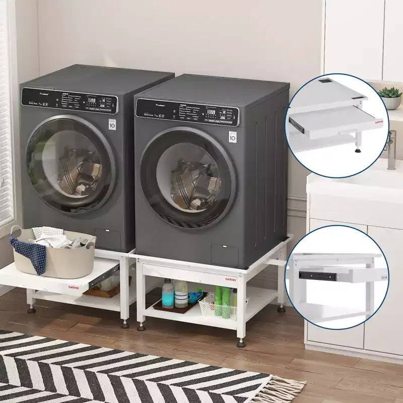 24/27 Wide Washer and Dryer Pedestals with Pullout-Shelf, Pedestal with Adjustable Anti-Vibration Pads, Drain Pan and Hose, 800 - 1000 lbs Capacity