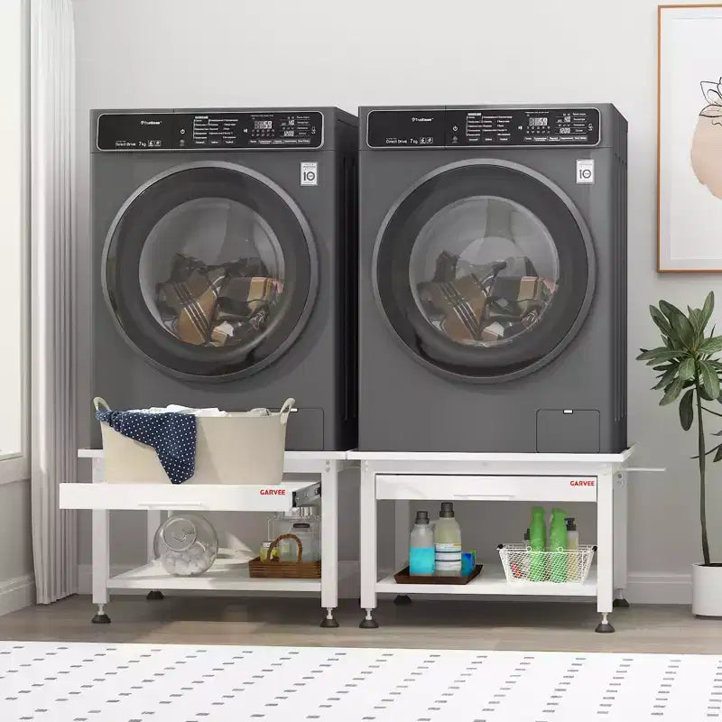 24/27 Wide Washer and Dryer Pedestals with Pullout-Shelf, Pedestal with Adjustable Anti-Vibration Pads, Drain Pan and Hose, 800 - 1000 lbs Capacity