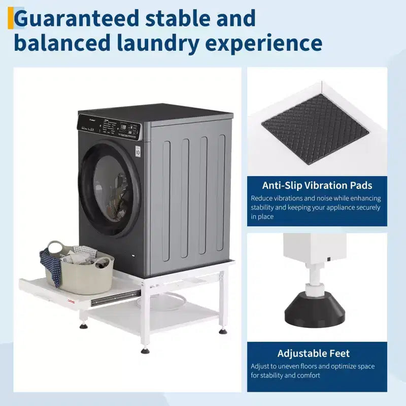 24/27 Wide Washer and Dryer Pedestals with Pullout-Shelf, Pedestal with Adjustable Anti-Vibration Pads, Drain Pan and Hose, 800 - 1000 lbs Capacity