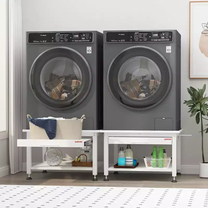 24/27 Wide Washer and Dryer Pedestals with Pullout-Shelf, Pedestal with Adjustable Anti-Vibration Pads, Drain Pan and Hose, 800 - 1000 lbs Capacity