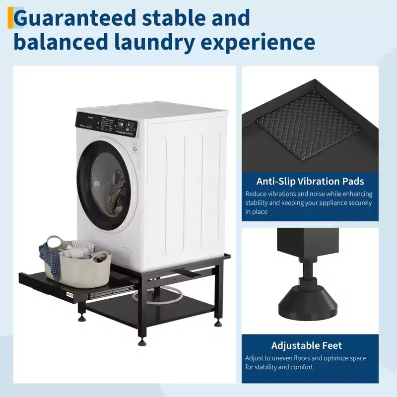 24/27 Wide Washer and Dryer Pedestals with Pullout-Shelf, Pedestal with Adjustable Anti-Vibration Pads, Drain Pan and Hose, 800 - 1000 lbs Capacity
