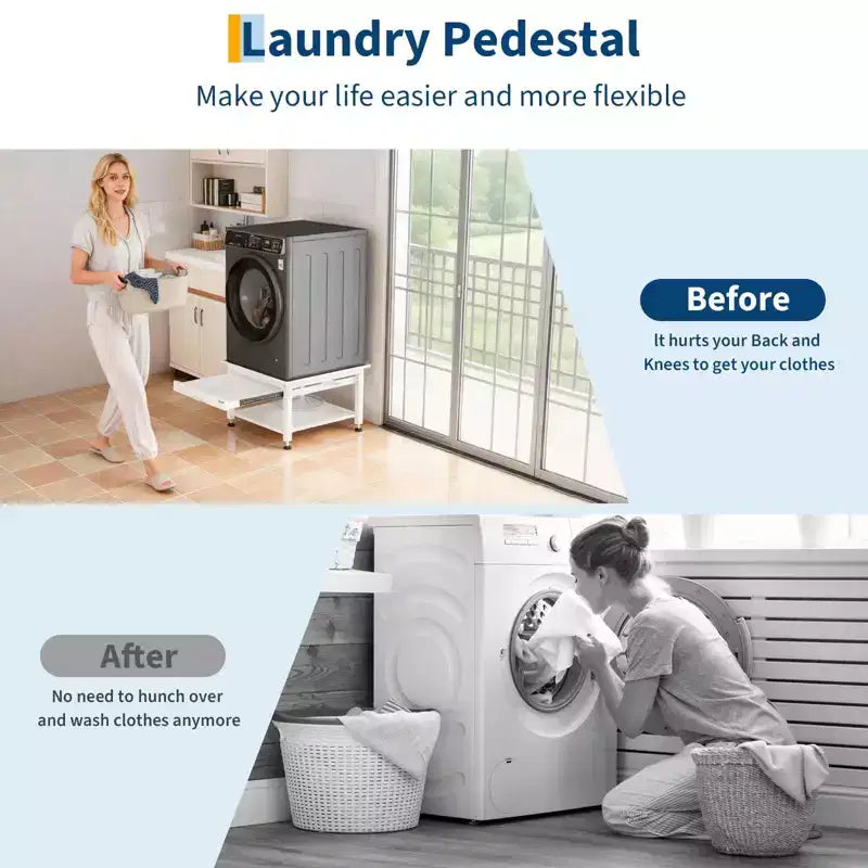 24/27 Wide Washer and Dryer Pedestals with Pullout-Shelf, Pedestal with Adjustable Anti-Vibration Pads, Drain Pan and Hose, 800 - 1000 lbs Capacity