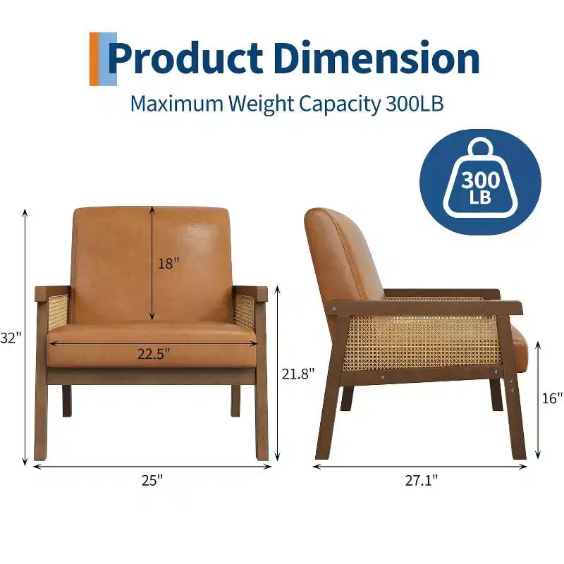 Rattan Accent Chair, Upholstered Living Room Chairs with Wood Armrest and Legs, Reading Armchair for Bedroom Sunroom Reception