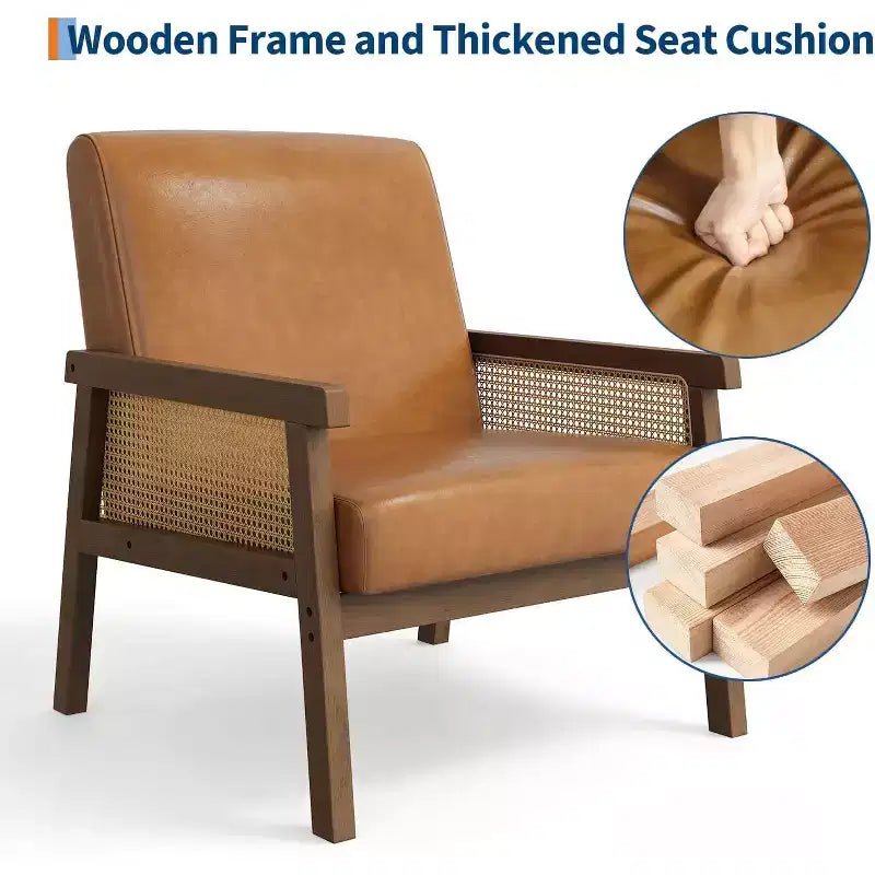 Rattan Accent Chair, Upholstered Living Room Chairs with Wood Armrest and Legs, Reading Armchair for Bedroom Sunroom Reception