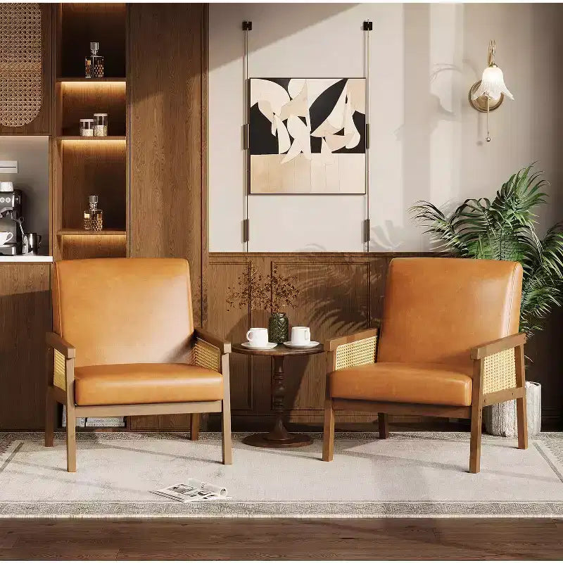 Rattan Accent Chair, Upholstered Living Room Chairs with Wood Armrest and Legs, Reading Armchair for Bedroom Sunroom Reception
