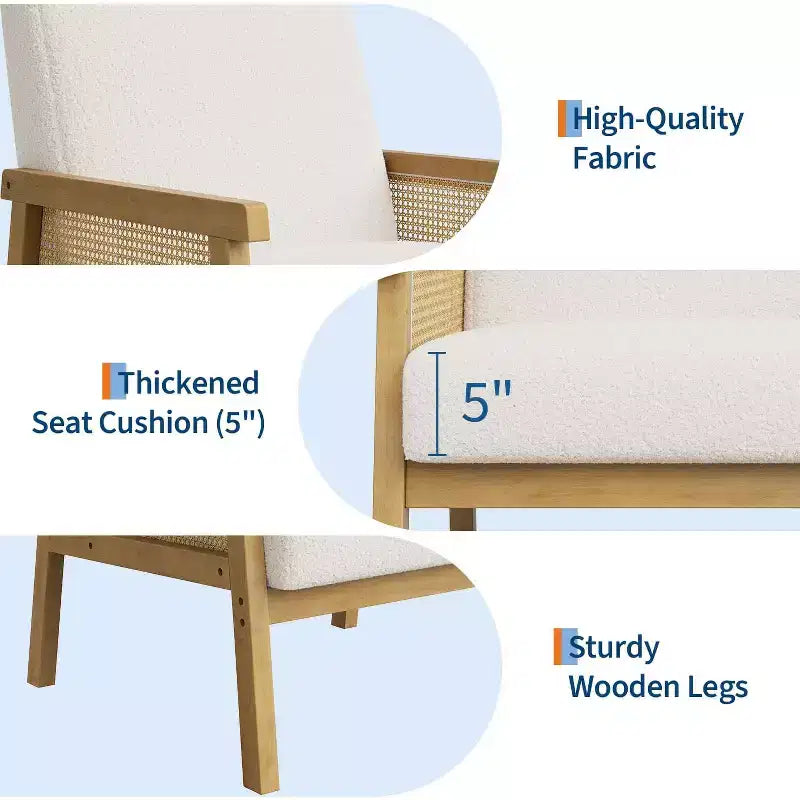 Rattan Accent Chair, Upholstered Living Room Chairs with Wood Armrest and Legs, Reading Armchair for Bedroom Sunroom Reception