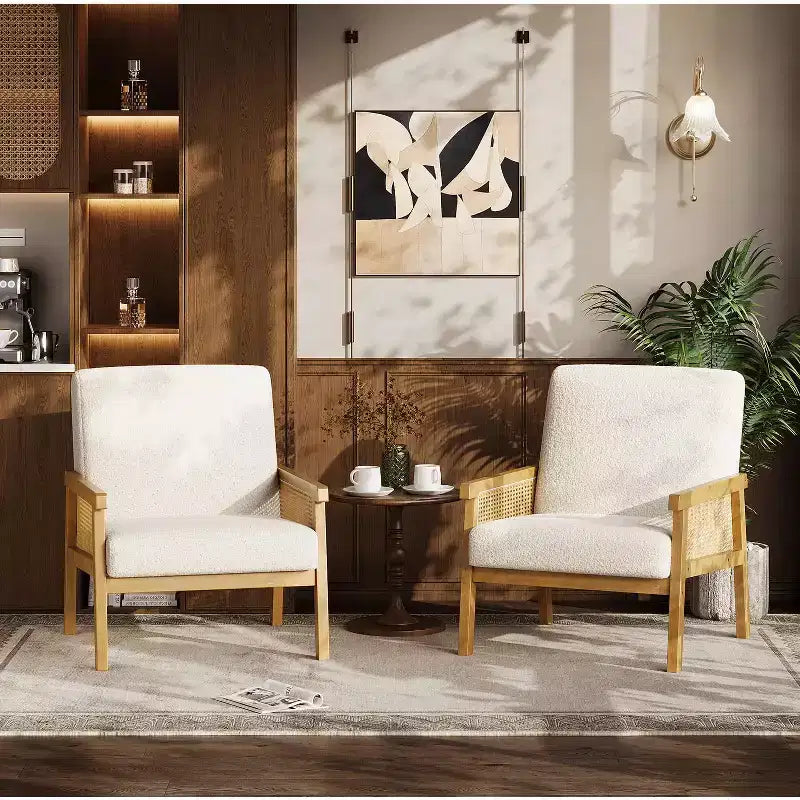 Rattan Accent Chair, Upholstered Living Room Chairs with Wood Armrest and Legs, Reading Armchair for Bedroom Sunroom Reception