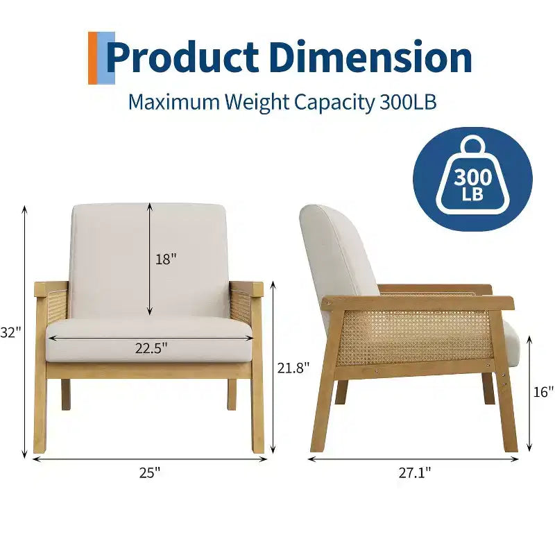 Rattan Accent Chair, Upholstered Living Room Chairs with Wood Armrest and Legs, Reading Armchair for Bedroom Sunroom Reception