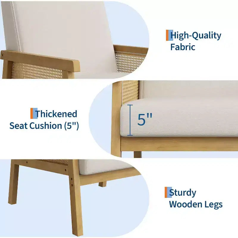 Rattan Accent Chair, Upholstered Living Room Chairs with Wood Armrest and Legs, Reading Armchair for Bedroom Sunroom Reception