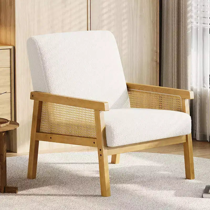 Rattan Accent Chair, Upholstered Living Room Chairs with Wood Armrest and Legs, Reading Armchair for Bedroom Sunroom Reception