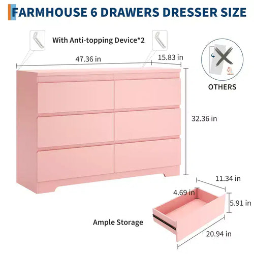 Acekool Modern Pink 6 Drawer Dresser, Wide Handle-Free Chest, Double Wood Storage Organizer for Bedroom, Living Room, Entryway